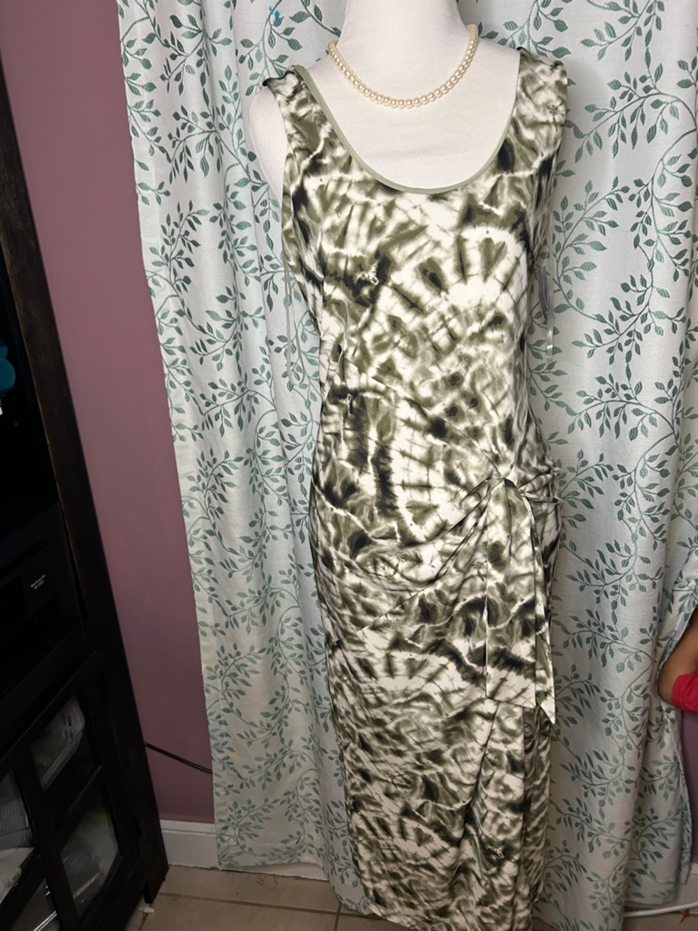 INC International Concepts Olive and White Tie-Dye Maxi Dress with Side Tie